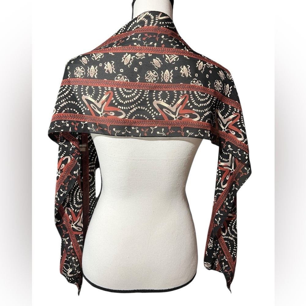 Elegant Black and Burnt Orange Patterned Scarf, approx. 10.5”x58” - Picture 7 of 10